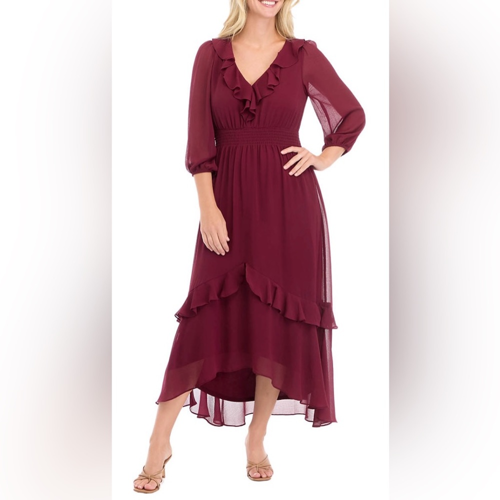 Maison Tara Burgundy Wine 3/4 Sleeve V-Neck Chiffon Dress Size 16